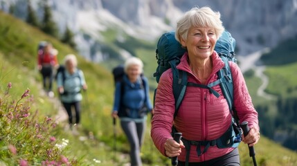 A group of older women are hiking up a mountain trail