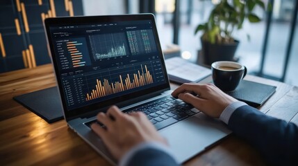 A businessperson working on a laptop with a financial dashboard on the screen, surrounded by documents, charts, and coffee in a contemporary workspace