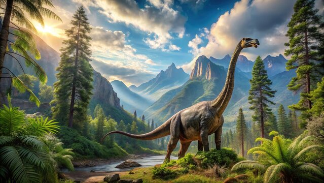 A majestic camarasaurus dinosaur strides through a lush prehistoric forest, its long neck and tail swaying in rhythm with ancient trees and distant mountain peaks.