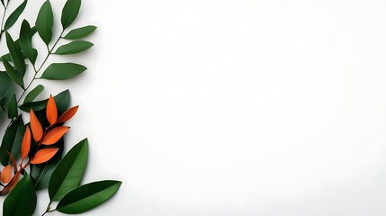A composition of vibrant green leaves and orange foliage against a clean, white background, creating a fresh and natural aesthetic.