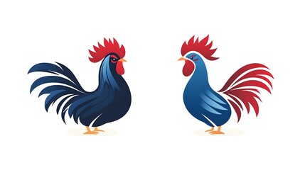 Fototapeta premium Bold Red Rooster and Blue Chicken Logo Vector on White Background