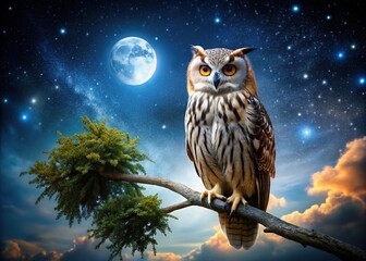 A majestic owl sits silently on a branch under the moonlight, surrounded by twinkling stars and the enchanting beauty of nature's quiet embrace.