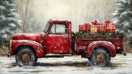 Greeting card with red Christmas truck with pine trees