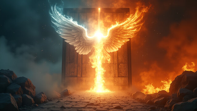 Heaven paradise and fiery hell gates choice Door to heaven and hell Good and evil light and darkness