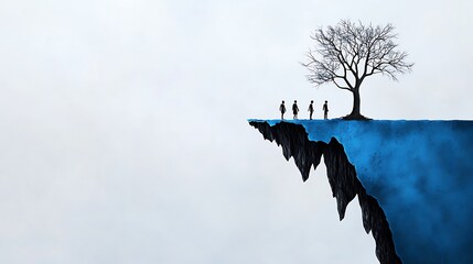 A surreal landscape featuring four figures standing at the edge of a cliff, accompanied by a solitary tree under a cloudy sky.