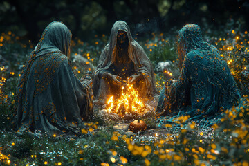 Celtic druids lighting bonfires and wearing animal skins during Samhain, the precursor to modern Halloween. Concept of Halloween in ancient Celtic times.