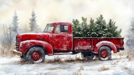 Greeting card with red Christmas truck with pine trees