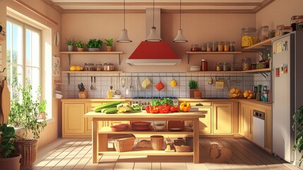 A family kitchen with a large table, open shelves, and fresh vegetables arranged on the counter.