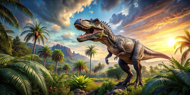 A majestic Tarbosaurus strides through a vibrant prehistoric landscape, surrounded by lush greenery under a clear, bright sky, embodying the essence of its ancient world.