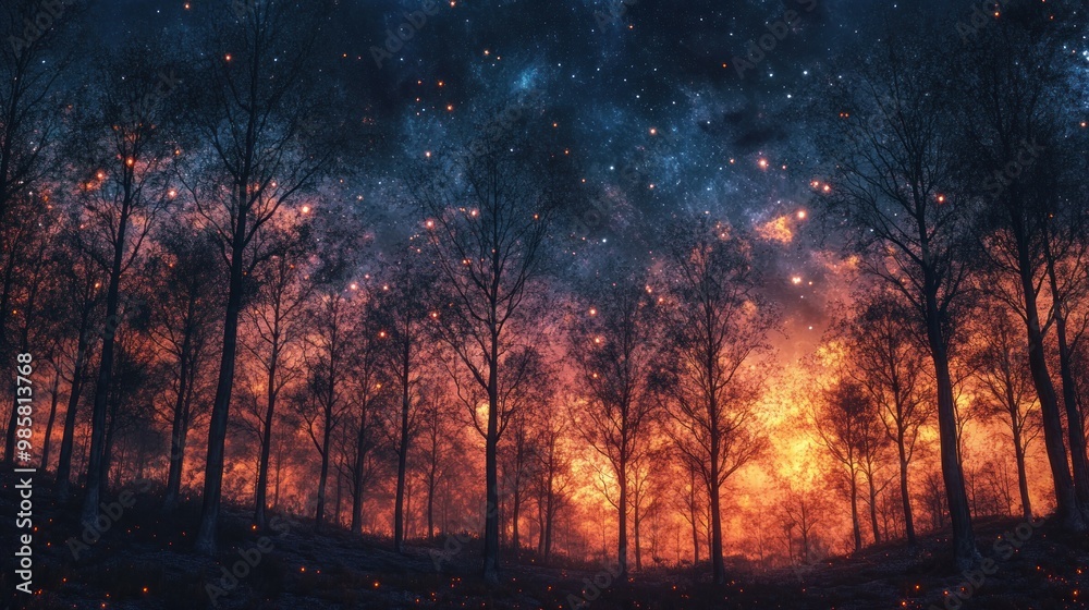 Poster Silhouetted Trees in a Forest with a Starry Night Sky and Orange Glow