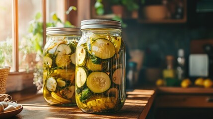 A glass jar filled with homemade pickled vegetables, set on a kitchen table.