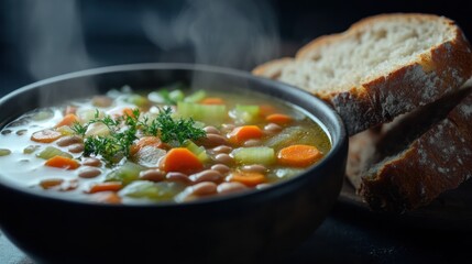 A close-up shot of a steaming bowl of vegetable soup with carrots, celery, and beans, accompanied by whole-grain bread, placed on a dark, moody backdrop