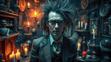 Obraz premium A mystical, bespectacled figure donning a worn, plaid suit and a wild shock of unkempt hair, surrounded by eclectic, kitschy curios and eerie, flickering candles in a dimly lit, mystical chamber.