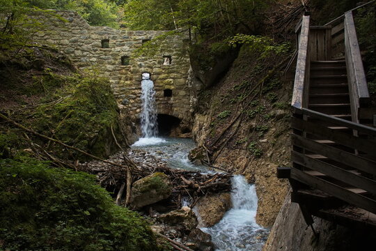 Stone dam in Wolfsklamm at Stans, Austria, Europe

