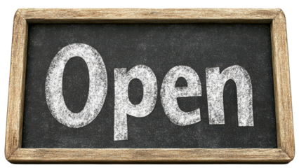 'Open' sign on a blackboard with a rustic wooden frame and a transparent background