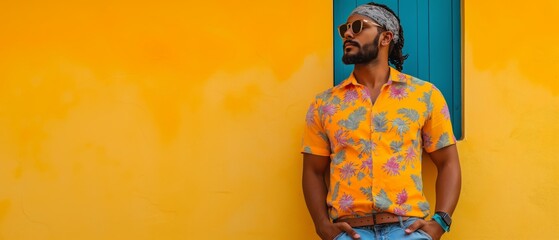Fototapeta premium Stylish man in floral shirt standing against a yellow wall, looking away, wearing sunglasses and a headband, vibrant and colorful street portrait.