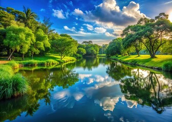 Fototapeta premium A peaceful lagoon park featuring vibrant greenery, tranquil waters reflecting the azure sky, creating a serene environment perfect for relaxation and connection with nature.