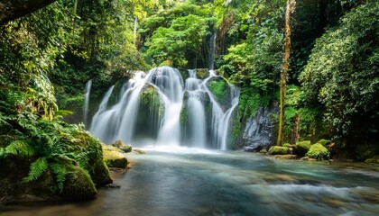 Cascading waterfalls in a lush rainforest.