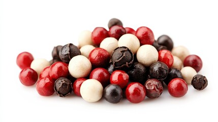 A pile of mixed peppercorns, seasoning element, photorealistic detail, bold contrast, isolated on white background