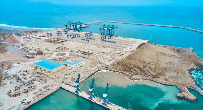 Chancay seaport. Located in Peru, Mega port under construction, future maritime hub of South America. Chancay Lima, Peru.
