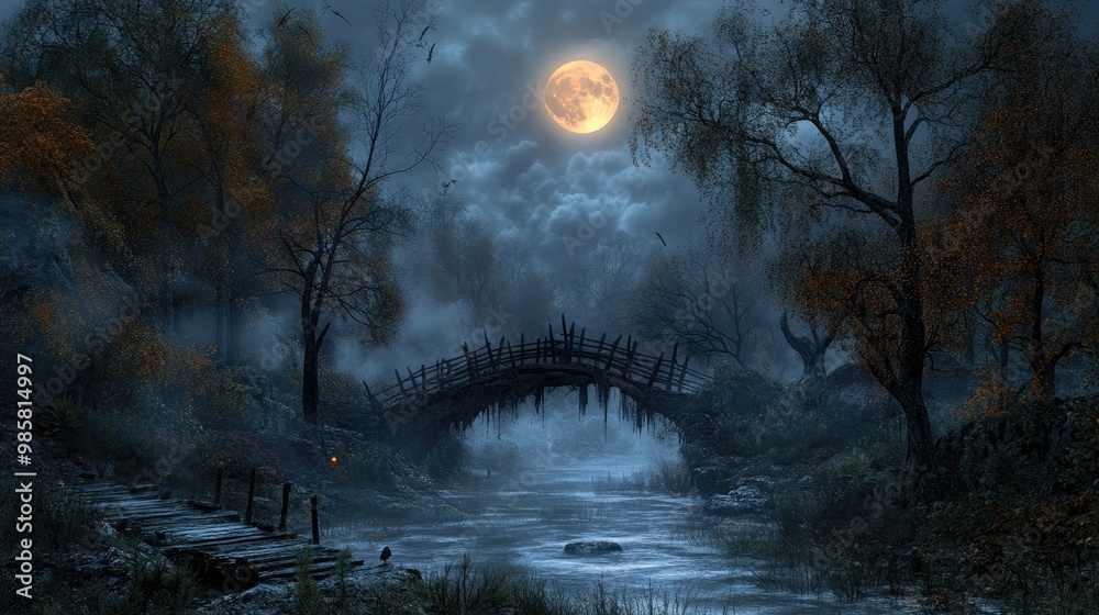Wall mural haunted autumn forest with lifeless trees and an ancient wooden bridge under a full moon