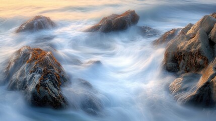 Obraz premium A long-exposure shot of waves swirling around coastal rocks at sunrise, with soft light and mist.