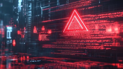 A computer screen displaying a red warning symbol with binary code and hacker icons in the background, representing the concept of cyberattacks, with a dark and ominous atmosphere
