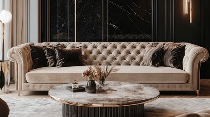 A luxurious velvet sectional sofa, complemented by a marble coffee table in a chic living room.