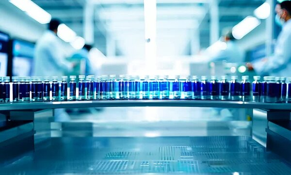 Medical bottles moving on a conveyor belt production line in a mass produced pharmaceutical healthcare factory