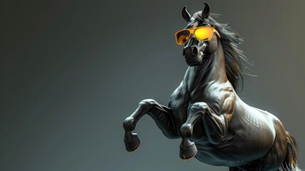 Dramatic digital of a powerful muscular Arabian stallion in full motion against a moody stormy backdrop of clouds and fog  The horse appears wild and untamed capturing the grace