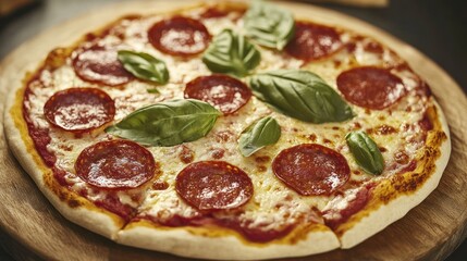A delicious pepperoni pizza with melted cheese and fresh basil leaves on a wooden platter, ready to be served