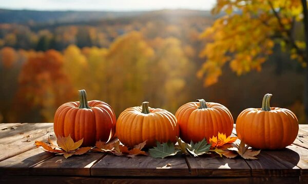 Rustic wooden table with pumpkins and autumn leaves on outdoor background
