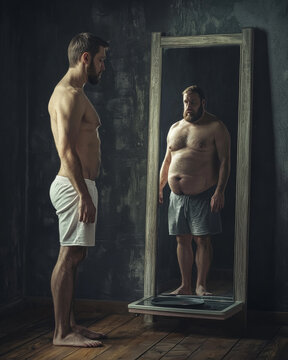 Mirror of Transformation: A man confronts his past self, a stark reflection of weight loss journey, symbolizing self-improvement and the power of dedication. 