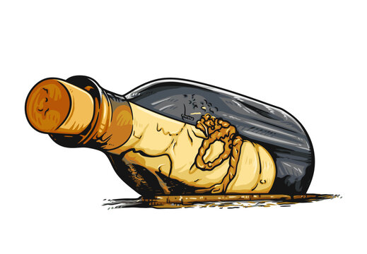 Hand drawn, cartoon style illustration of a message in a bottle