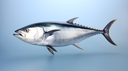 Fototapeta premium Fresh whole tuna fish with glossy silver skin isolated on blue background