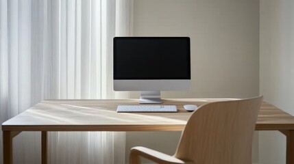 A minimalist wooden desk with a sleek computer monitor and an ergonomic office chair.