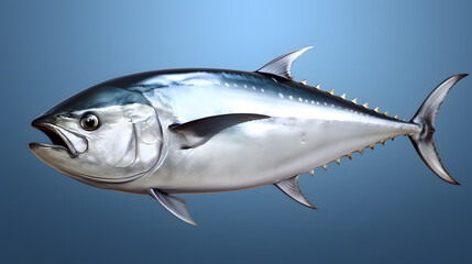 Fototapeta premium Fresh whole tuna fish with glossy silver skin isolated on blue background
