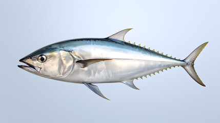 Fototapeta premium Fresh whole tuna fish with glossy silver skin isolated on blue background