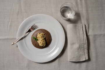 Baccala alla Vicentina with Black Polenta Nera Top View of Vicenza Style Stockfish