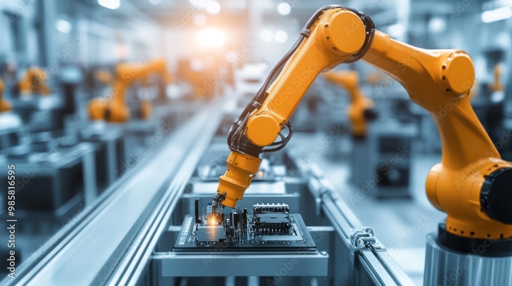 Poster a high-tech robotic arm assembling intricate electronic components in a modern factory setting showc