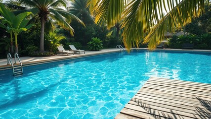 Obraz premium A serene atmosphere created by a sparkling crystal-clear pool, surrounded by lush greenery, with a wooden dock and lounge chairs, glowing sunlight filtering through palm fronds.