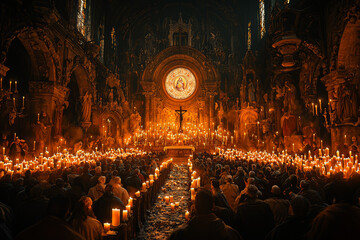 A medieval church holding a vigil on All Hallows' Eve, with parishioners lighting candles for the dead. Concept of Halloween in medieval religious practices.
