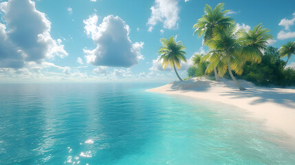 Tropical Island Beach with Palm Trees and Blue Sky Illustration