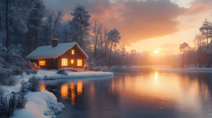 Fototapeta premium Winter Cabin by the River at Sunset - 3D Illustration