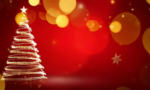 Christmas tree with gold star ornaments on red background with bokeh lights