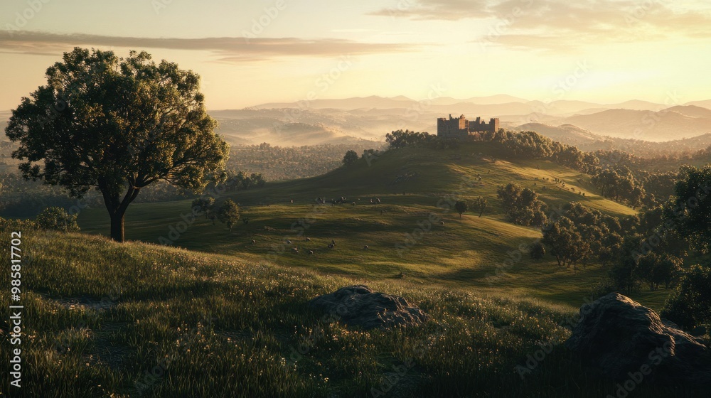 Poster A Stone Fortress Stands Tall on a Rolling Green Hill