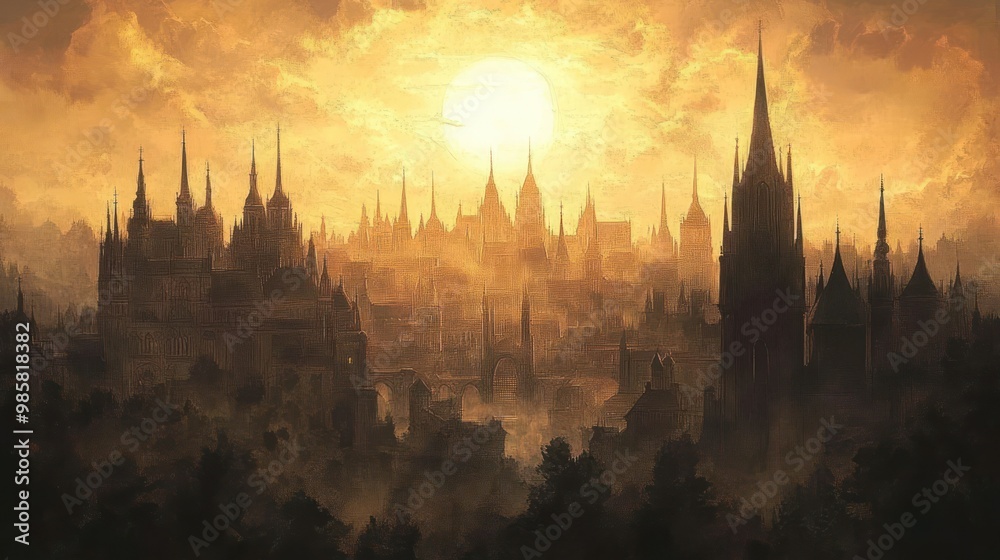 Poster A Silhouetted Cityscape with a Golden Sky and a Large Sun