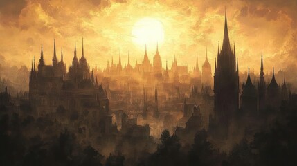 Fototapeta premium A Silhouetted Cityscape with a Golden Sky and a Large Sun