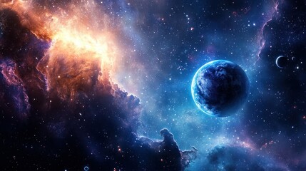 Obraz premium A Blue Planet in a Starry Expanse with Nebulas