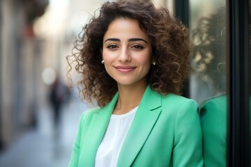 Obraz premium A young woman with curly hair smiles warmly while dressed in a vibrant green blazer, standing against a glass wall on a bustling city street